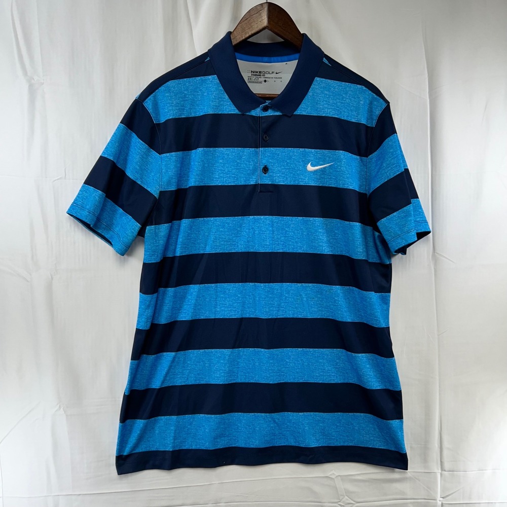 Nike Golf Polo Shirt Mens Large Blue Striped Dri-FIT Short Sleeve Standard Fit